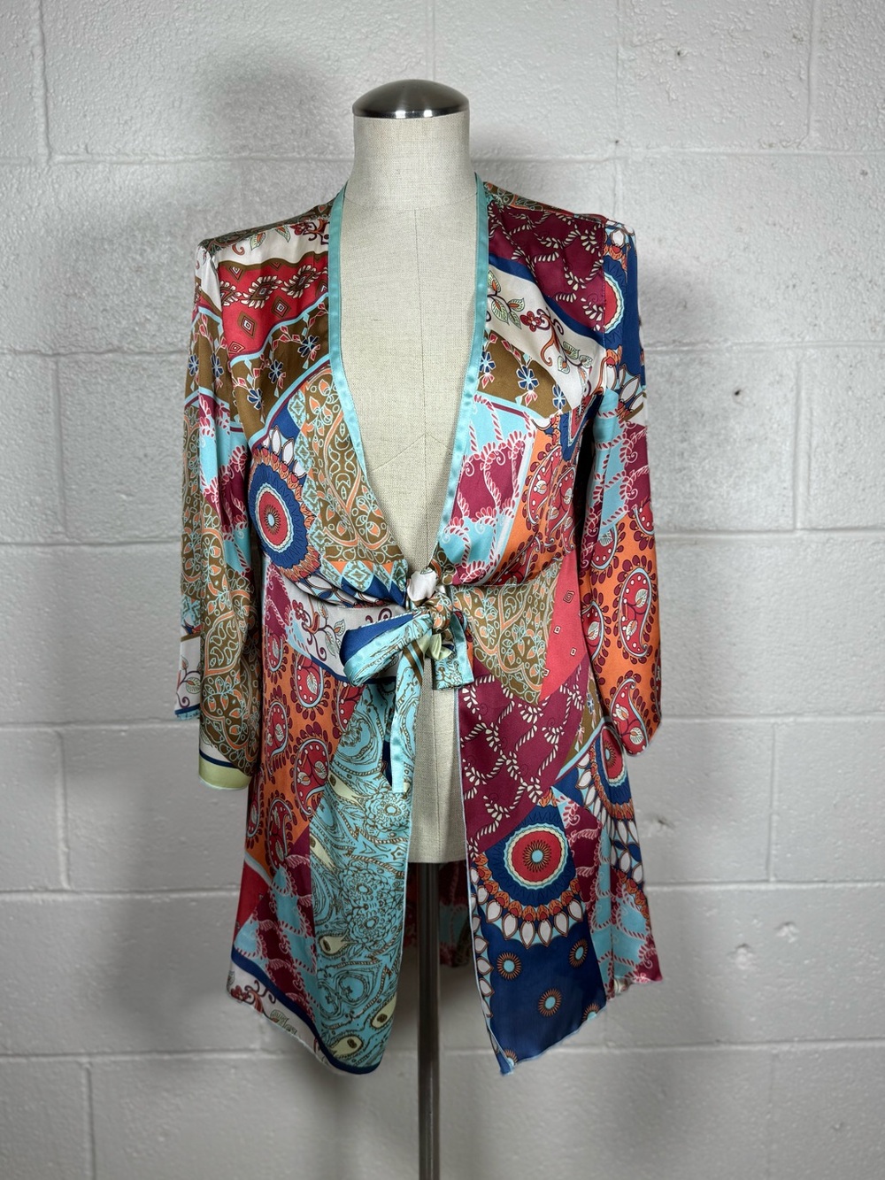 CAbi Multicolor Satin Patchwork Front Tie Kimono Medium